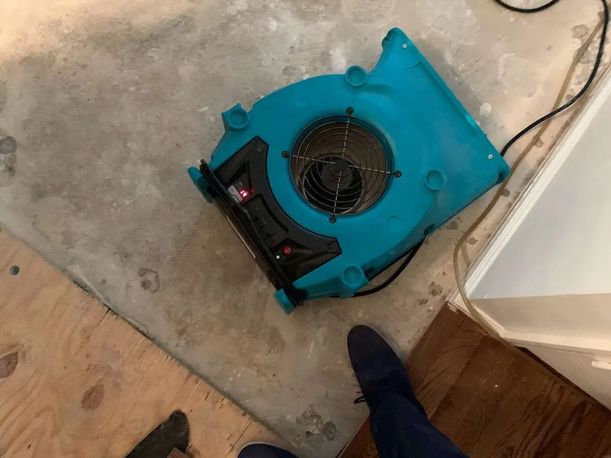 Air mover drying subfloor during Commercial Water Damage Restoration in Tustin